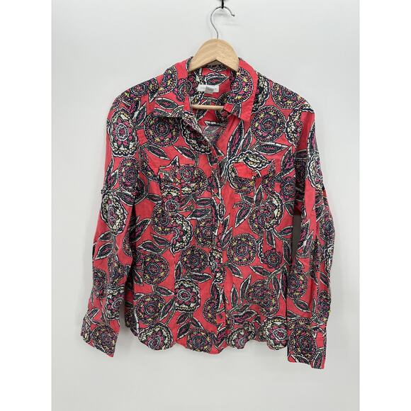 Charter Club Womens Linen Button Up Shirt Pink Paisley Floral Roll Tab Collar 12 - Picture 1 of 6